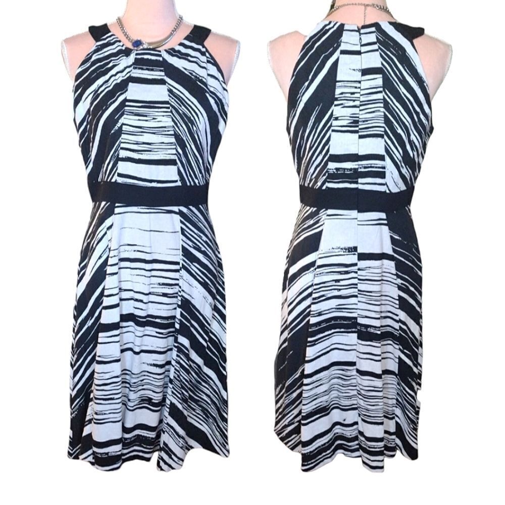 New York & Co Black White Linen Blend Sleeveless Halter Midi Dress Size 8